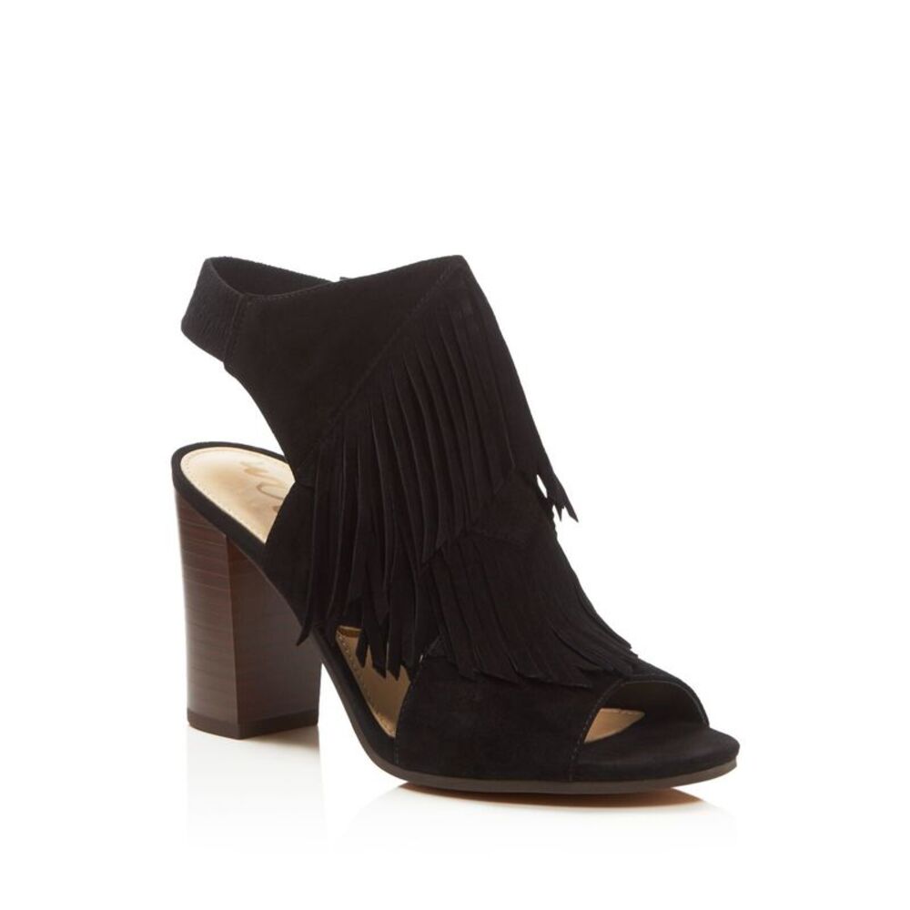 NWT SAM EDELMAN Womens Black Fringed Elaine Leather Slingback Sandal 7.5 M